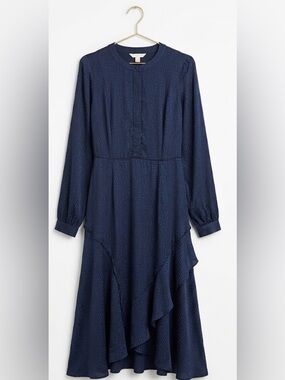 H&M Navy Blue Long Sleeve Midi Dress with Subtle Dot Texture. flowy midi dress